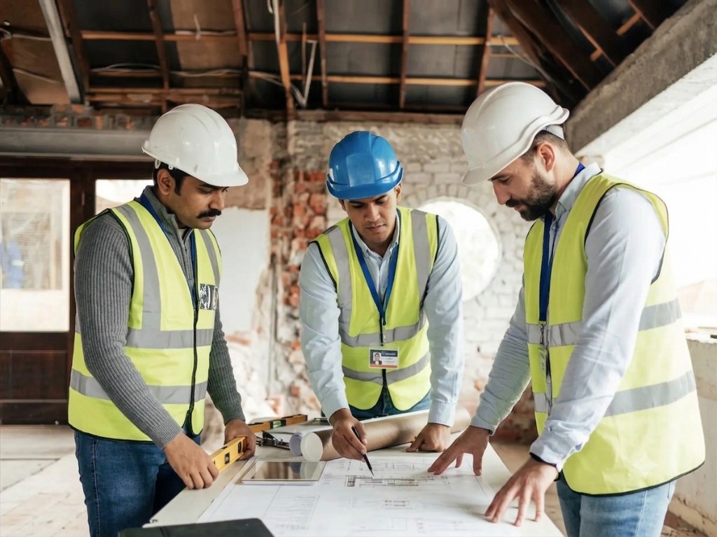 Saiftech Group supervisors reviewing construction blueprints on site