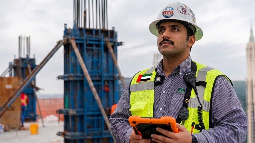 Saiftech Group site supervisor in hard hat and high-visibility vest on a UAE construction project